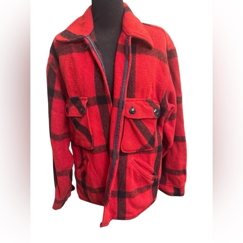 Vintage 100% Wool 70’s JC Penney Buffalo Plaid Red Blk Hunting Mackinaw Jacket - Picture 5 of 16